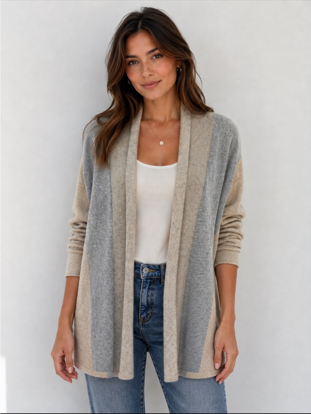 Griffin Cashmere Open-Front Neutral Colorblock Cardigan - Gray & Beige